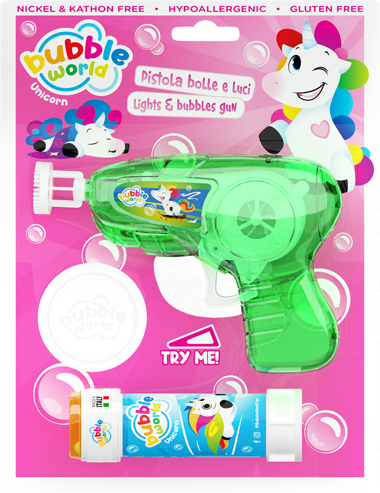 Unicorn - Pistola bolle media luci e suoni Bubble World in blister