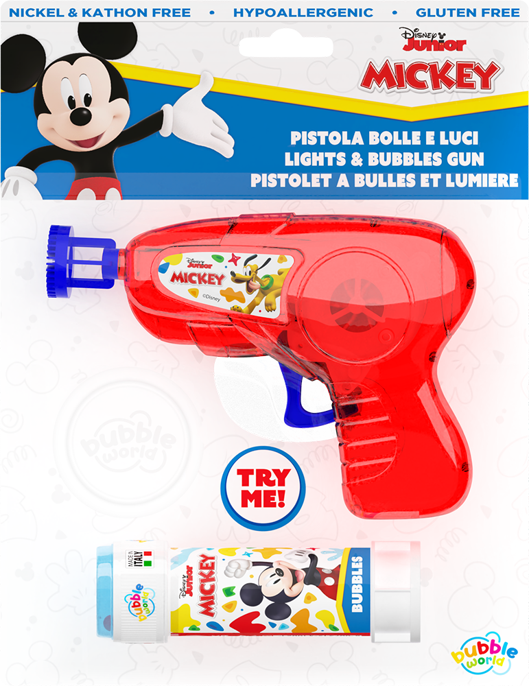 Mickey Mouse Pistola bolle media luci e suoni Bubble World in blister